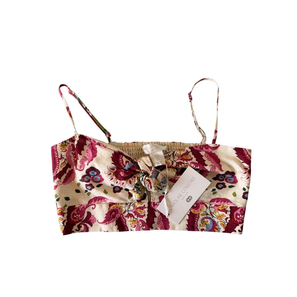 Caroline Constas Paisley Floral Linen Knot Front Smocked Crop Top Small NWT